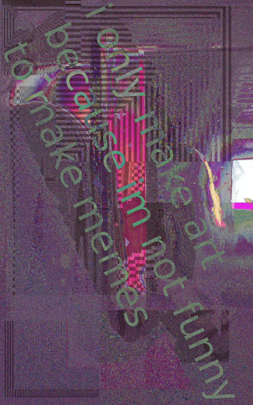 Abstract richly textured artwork, dark purple noise texture. Text in green generic sans-serif that reads "i only make art because im not funny to make memes". Background seems to have the silhoutte of someone's long blond hair lit by the sun in front of a small window.