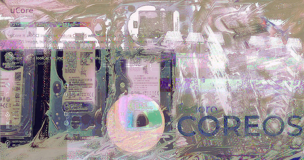 An abstract textured digital collage artwork with an interplay between dark light green and blight pinkish tones. Contains images of HDD disks, ZFS vdev layout guides, the plus logo of Fedora CoreOS and first few lines of the README of "uCore", and some tiny logos of self-hosted services like Jellyfin, Immich and Prowlarr.