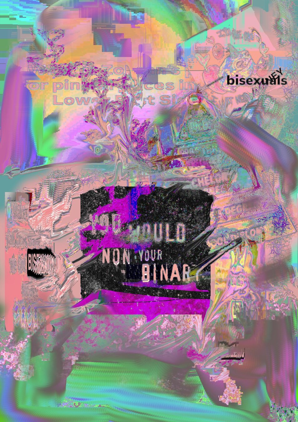 Maximalist abstract collage artwork made out of memes with visible text content like "You would non your binary", "bisexuals", "Lower East Side", etc. Colors range from pale salmony pink to purple to green-blue gradients. The center is crispy and seems to contain tons of overlaid meme content with distorted colors and shapes, while the edges are more filled with abstract color blocks.