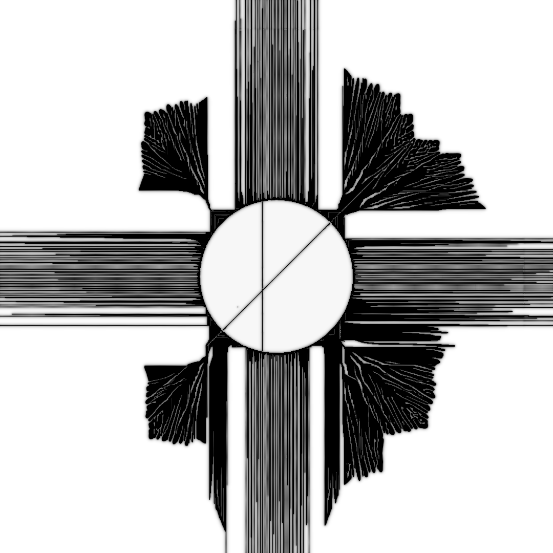 four uneven glitchy black pillars emenating in the four cardinal directions on a white background from an empty circle in the center. in between those are four black vaguely organic-looking shapes growing like trees. four uneven glitchy black pillars emenating in the four cardinal directions on a white background from an empty circle in the center. in between those are four black vaguely organic-looking shapes growing like trees.