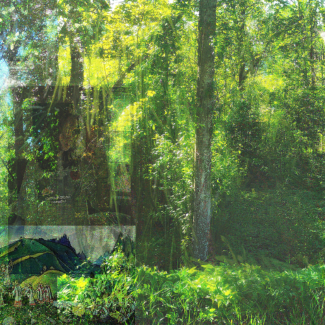 2/3 A very green, bright, sunny, crusty, maximalist, digital, natural, textural, real collage of pictures from the outside world (proof of the author touching grass). Now darker. It's a shadowy corner of the forest. Still lush, even more lush, more wet, more bushy. A place very much in reach that humans still don't dare step in. Mirror selfie of author looking cute on top of a cutout maybe art, painting, picture of some green hill, in non-realistic illustratory style. People gathered on the hill in a circle dressed in some sort of white gown with red highlights.