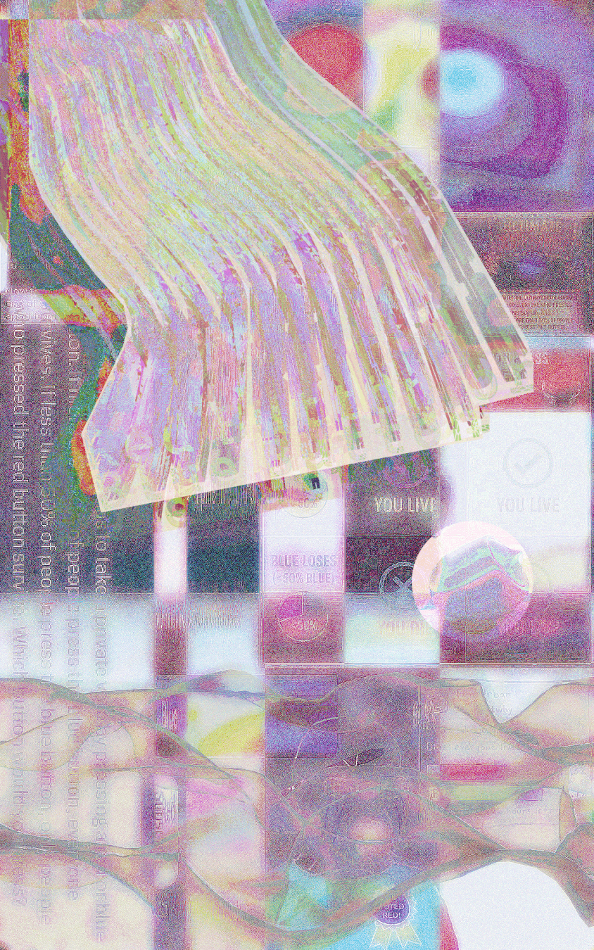 Abstract richly textured digital collage artwork. Red and blue hues, tons of pinkish color, some green/red accents. Something that looks like a huge scraping paintbrush, but on closer inspection it ends in the words "Red Button or Blue Button". Something like mountain-sized bubblewrap and tons of sharpening seems to cover a red-voting wojak in the lower quarter.