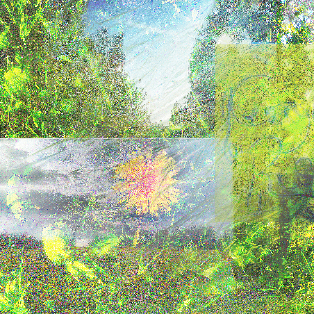 1/3 A very green, bright, sunny, crusty, maximalist, digital, natural, textural, real collage of pictures from the outside world (proof of the author touching grass). A beautiful dandelion reddening from the center, on top of a dramatic but calm sky. Part of the cover image of the album Kevätuhri by Ruusut visible on the right.