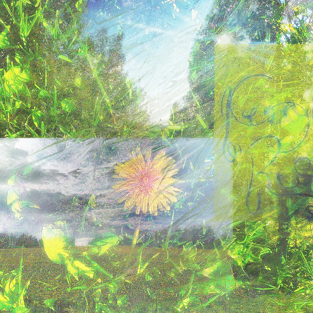 1/3 A very green, bright, sunny, crusty, maximalist, digital, natural, textural, real collage of pictures from the outside world (proof of the author touching grass). A beautiful dandelion reddening from the center, on top of a dramatic but calm sky. Part of the cover image of the album Kevätuhri by Ruusut visible on the right.