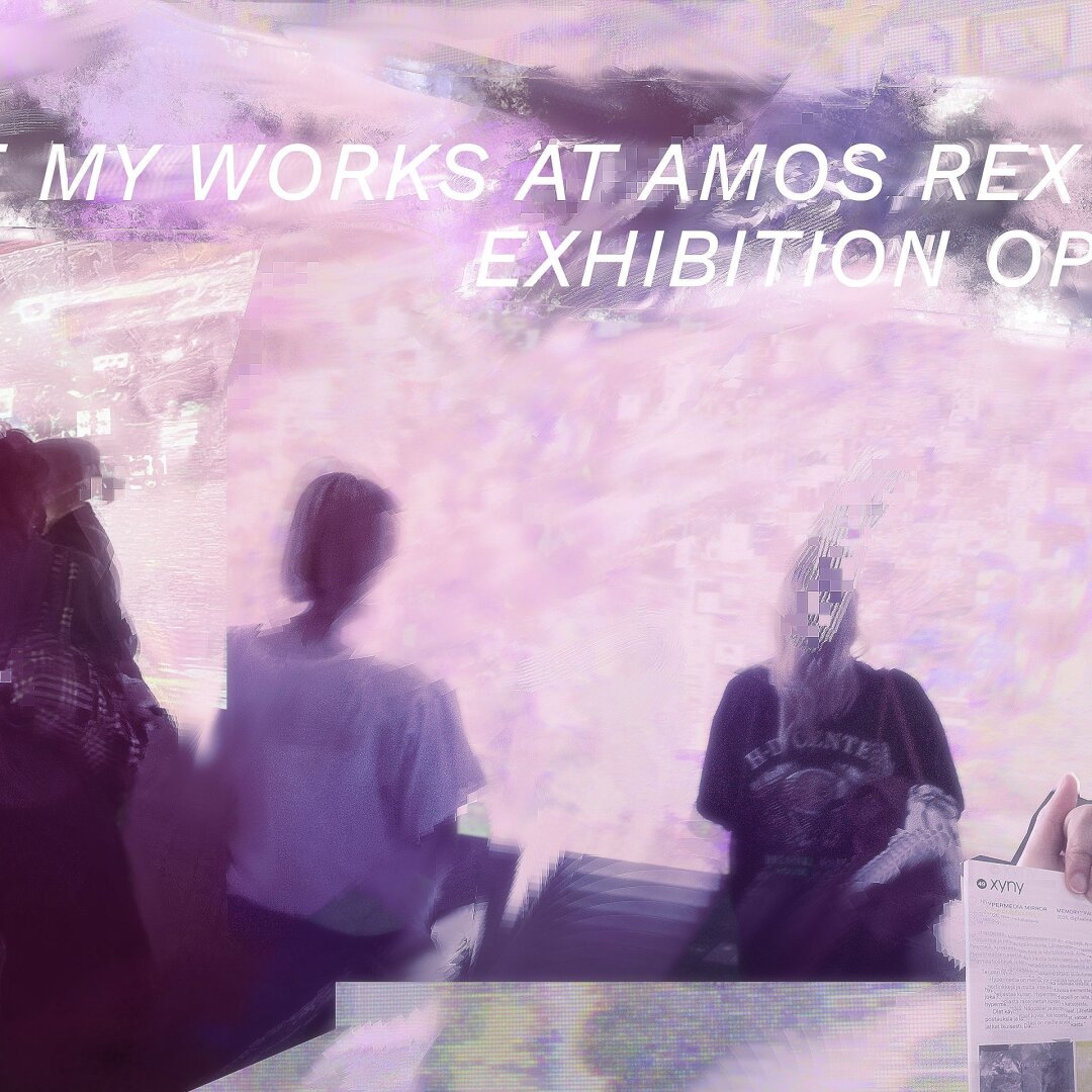 1/3 of a banner image that is a collage of pictures from my works at the exhibition in Amos Rex. Text "ONLY ONE MONTH LEFT TO GO SEE MY WORKS AT AMOS REX EXHIBITION OPEN UNTIL 6.9." on the top, in all caps. A lot of people are viewing the works, which glow in an ethereal crisp maximalistic light pink and blue. On the left, you can see the iconic Amos Rex roof made of circular panels. A gradient goes from reddish to blueish colors from left to right. On the right, a picture of the gallery guide with the page titled "xyny" open. Everything in the collage is melting together in a characteristic, digital style.