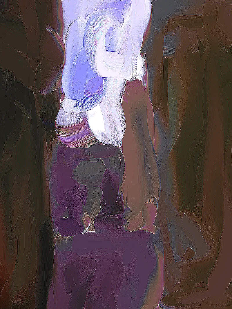 an abstract digital painting with large brushstrokes with a sharpened rainbow texture, the background is brownish, but there's a really bright white-blue bit at the top-center