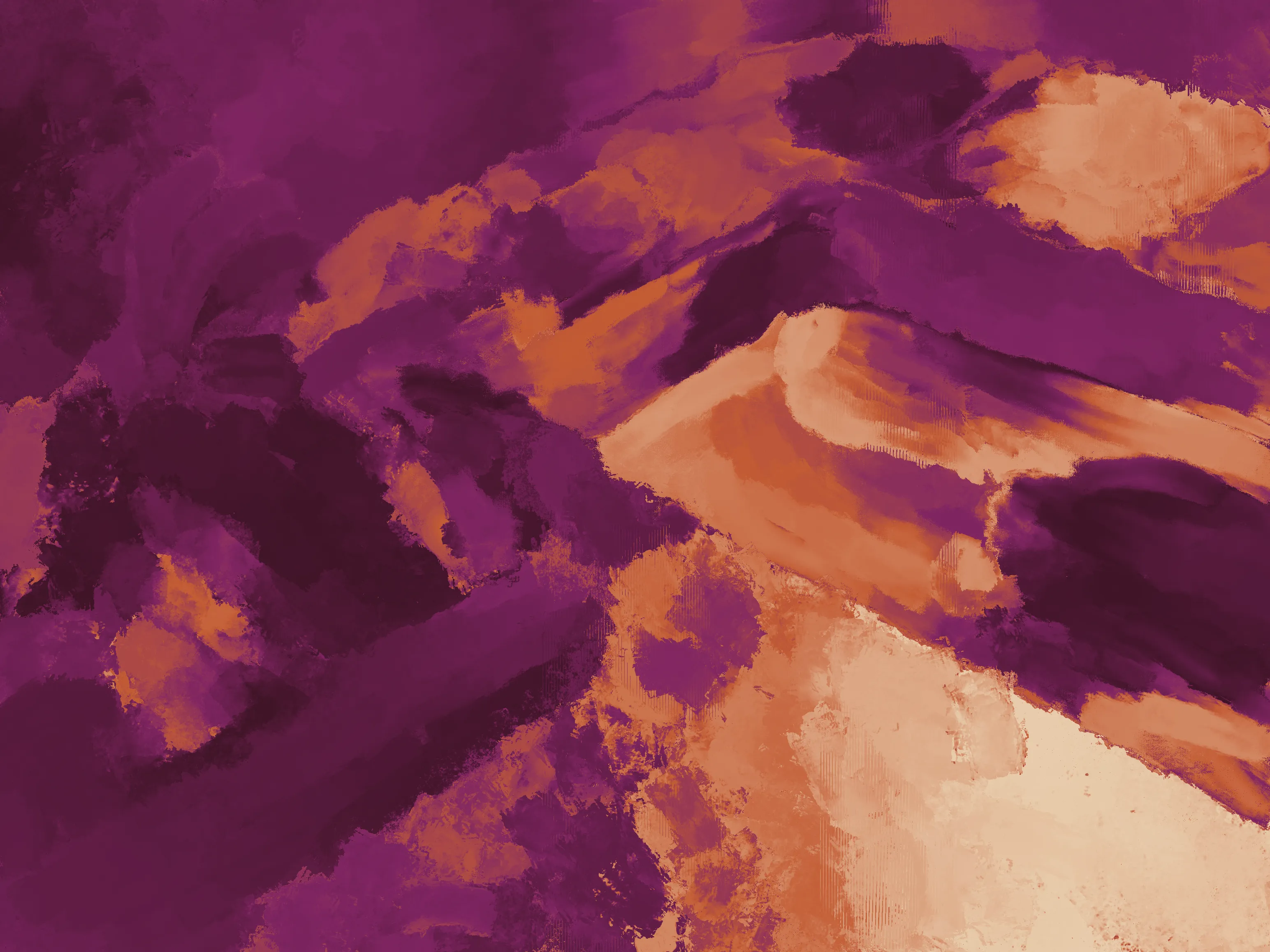 an abstract artwork in a luxurious warm violet and bright orange-yellow, looks simultaneously painted and digital, contrast seems to create a rectangular 3D hole on the right