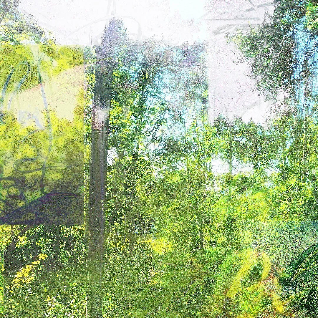 2/3 A very green, bright, sunny, crusty, maximalist, digital, natural, textural, real collage of pictures from the outside world (proof of the author touching grass). Rest of the Kevätuhri cover. More nature. Bright sky, so bright it hurts your eyes.