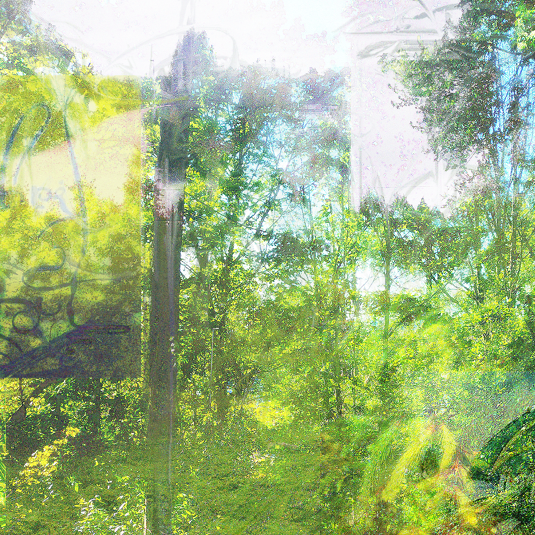 2/3 A very green, bright, sunny, crusty, maximalist, digital, natural, textural, real collage of pictures from the outside world (proof of the author touching grass). Rest of the Kevätuhri cover. More nature. Bright sky, so bright it hurts your eyes.