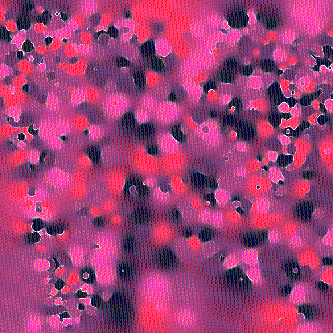 a dithered canvas with some crisp portions where one can see red, pink, and dark blue particles of different sizes with small white outlines, but most of the canvas is a blurry mix of those colors a dithered canvas with some crisp portions where one can see red, pink, and dark blue particles of different sizes with small white outlines, but most of the canvas is a blurry mix of those colors