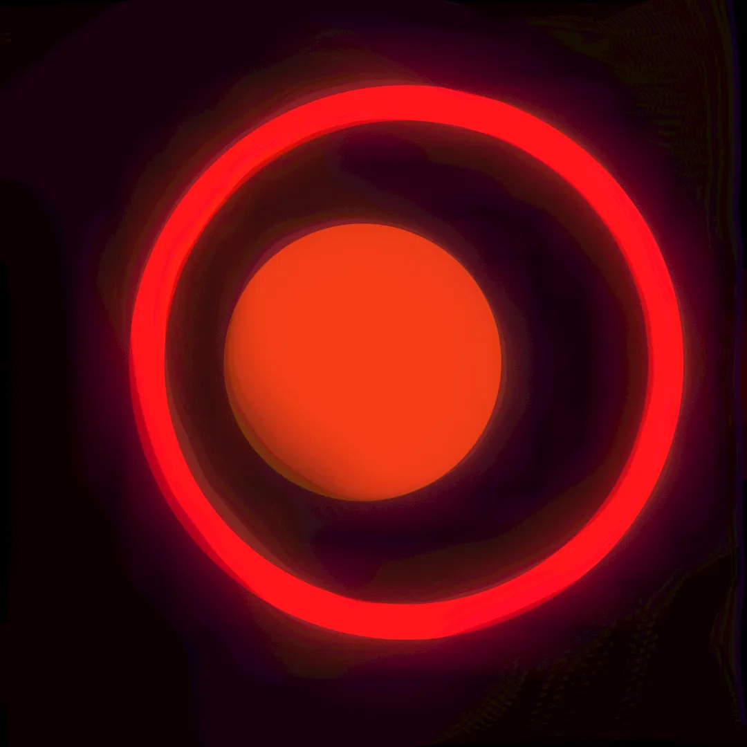 a bright hellish red ring with a slightly darker orange circle inside it, in the vague shape of an eye. the colors are spilling out onto the canvas creating a purple trail, and so is the canvas spilling onto the shapes creating some darker accents on the edges of the shapes.