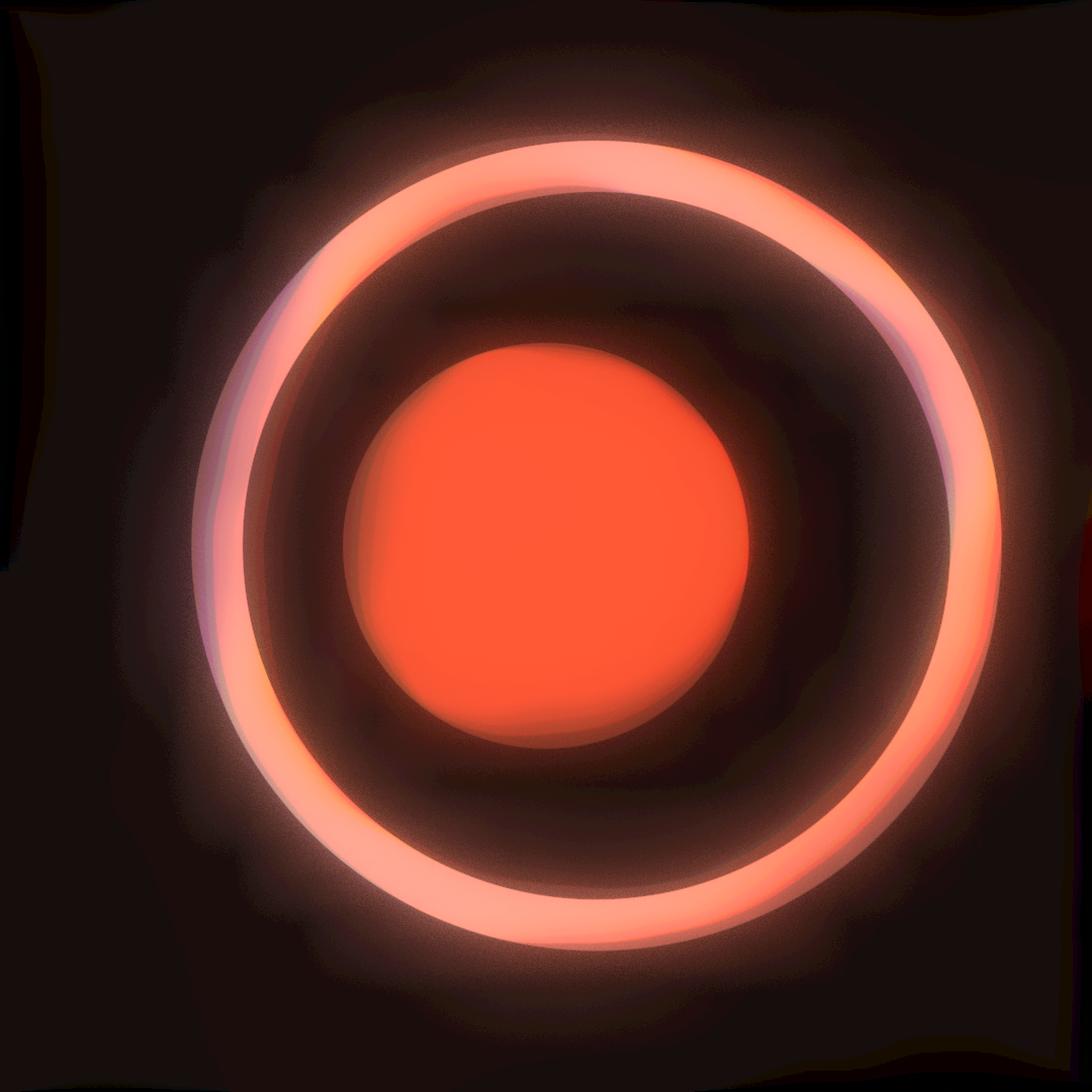 a very light pastel red ring with a slightly bolder orange circle inside it, in the vague shape of an eye. the colors are spilling out onto the canvas in a textured way, and so is the canvas spilling onto the shapes creating some darker blueish accents on the edges of the shapes.