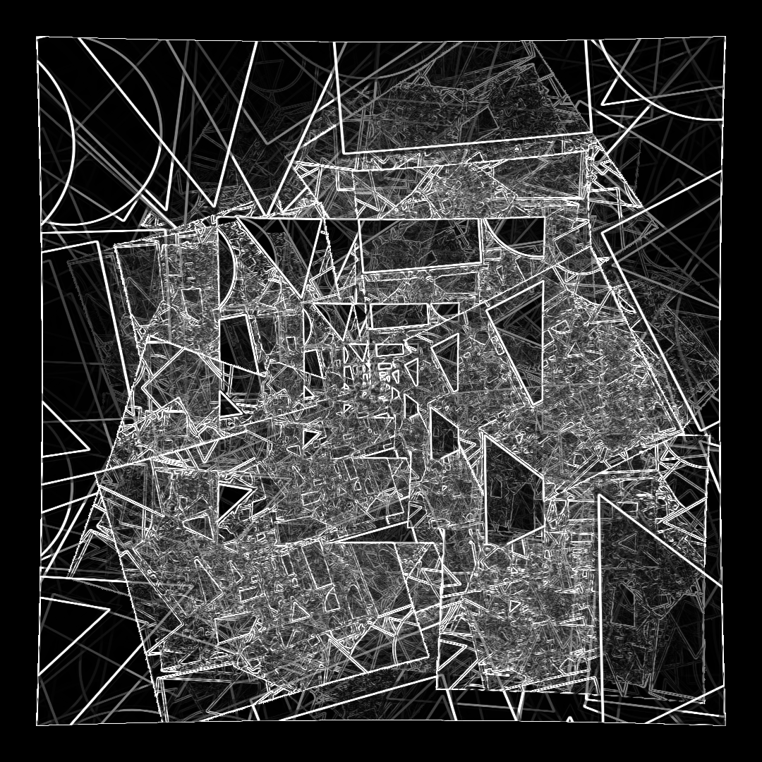 abstract geometric shapes overlaid and repeated, each with a white outline and a dark transparent fill. there is a visible repetion deep into the center of the canvas, which has a black border; one can see a shape right on the edge and trace it repeating directly towards the center of the image. most of the background of the image is overtaken by a gray texture filled with vague lines repeating the exact same arrangement of shapes in different positions and rotations. abstract geometric shapes overlaid and repeated, each with a white outline and a dark transparent fill. there is a visible repetion deep into the center of the canvas, which has a black border; one can see a shape right on the edge and trace it repeating directly towards the center of the image. most of the background of the image is overtaken by a gray texture filled with vague lines repeating the exact same arrangement of shapes in different positions and rotations.