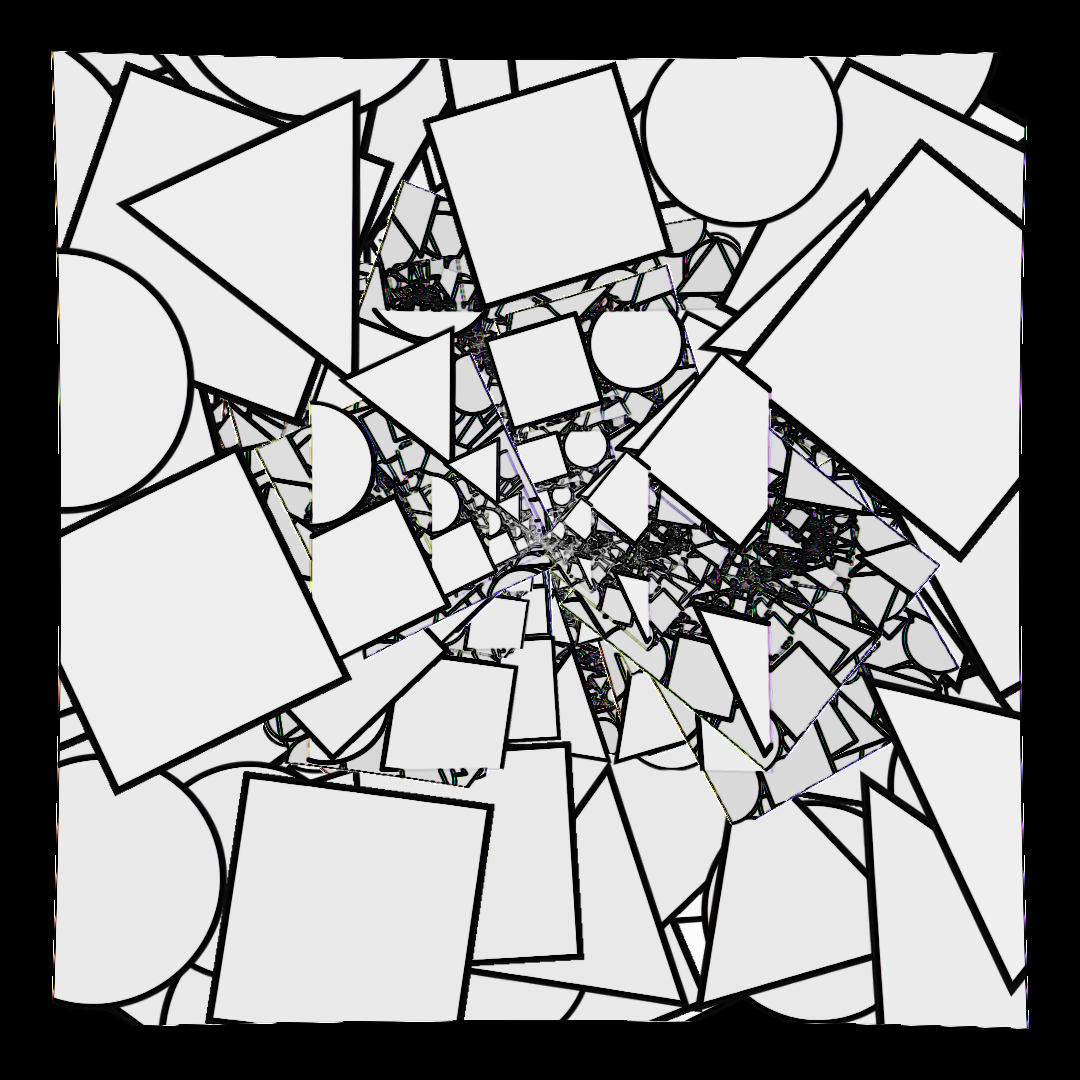 clearly visible geomtric shapes in white with black outlines; squares, circles, and triangles. there is still a centrla deep repetation and the emergence of a dark texture in the deeper parts of the image. some shapes have additional purple and yellowish glows. clearly visible geomtric shapes in white with black outlines; squares, circles, and triangles. there is still a centrla deep repetation and the emergence of a dark texture in the deeper parts of the image. some shapes have additional purple and yellowish glows.