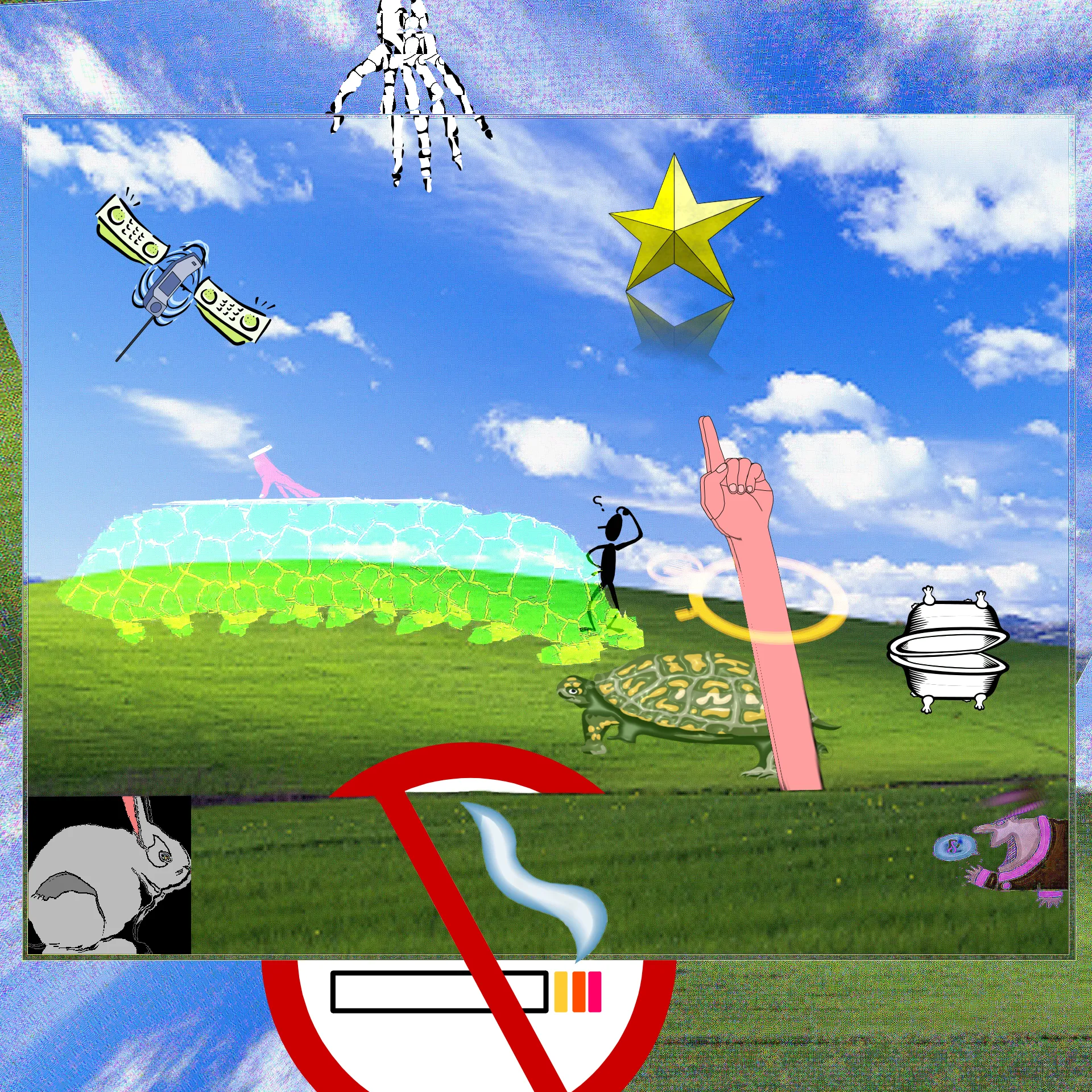 a low quality version of the windows XP green hill wallpaper, seemingly overlaid on top of a distorted version of itself. weird clipart edits fill the scene; there's a flying telephone insect, a star in the sky and it's ugly reflection below, a skeleton hand reaching at the image from above, a long human hand illustration rising from between the hills, a confused person next to a see-through glowing turtle-centipede, a clamshell made of two bathtubs, and a no-smoking-allowed sign with the red stripe having a tight grip on the bottom part on the hills.