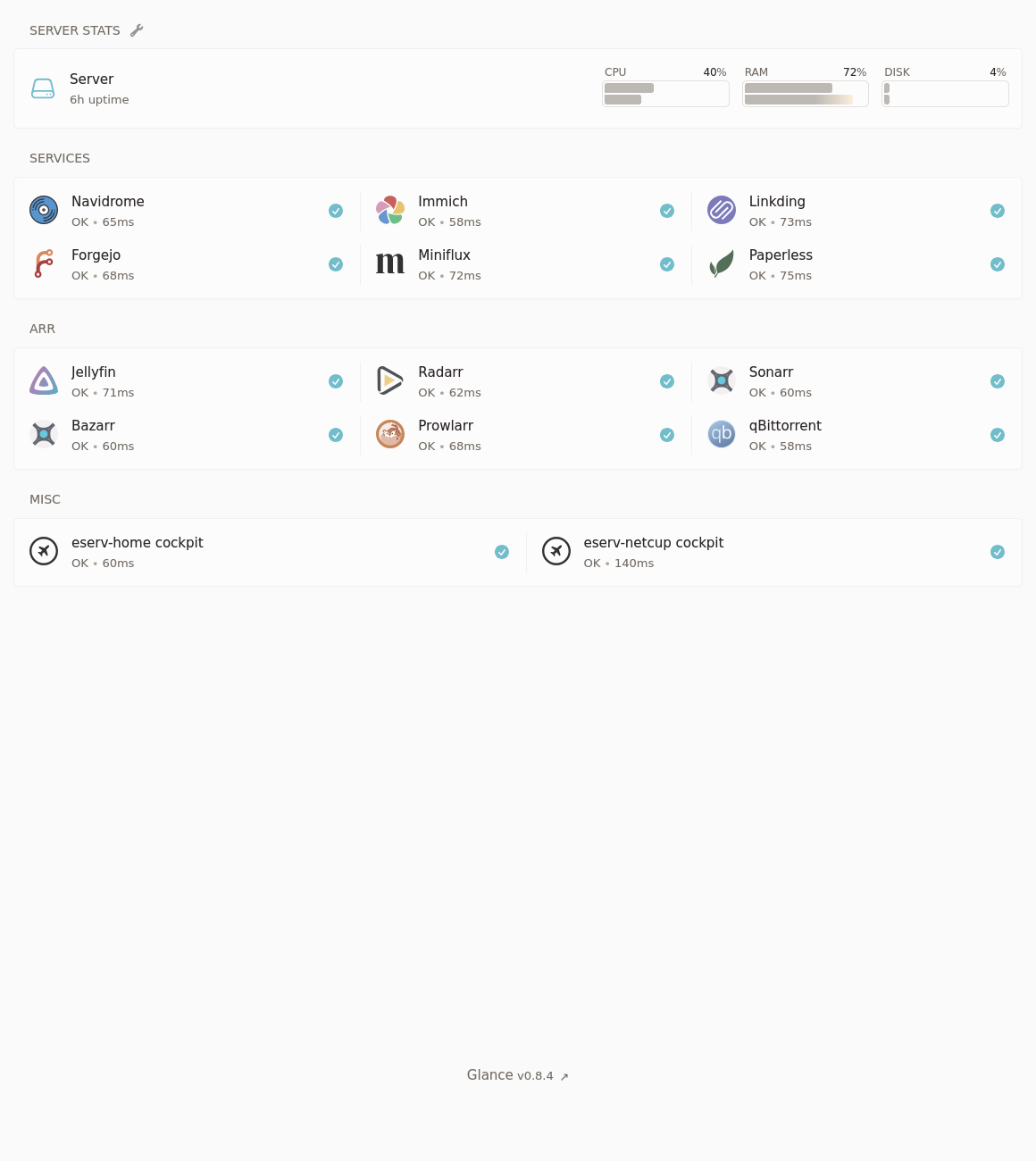 A minimalistic light theme server dashboard, with server stats and links to all apps covered above.