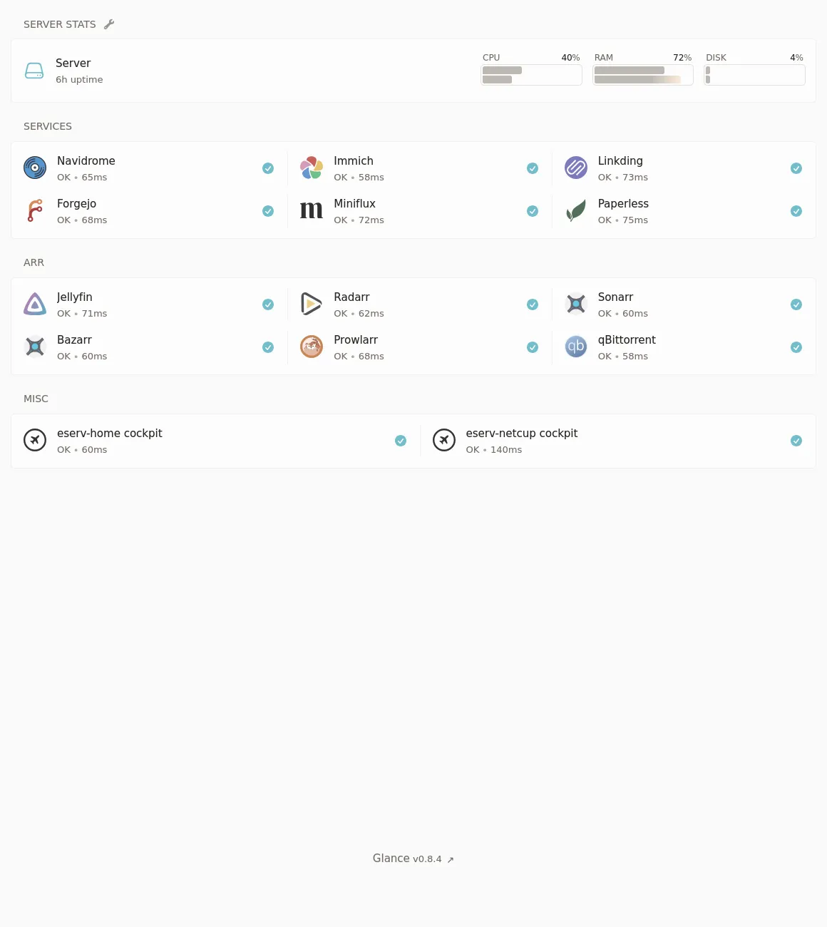 A minimalistic light theme server dashboard, with server stats and links to all apps covered above.