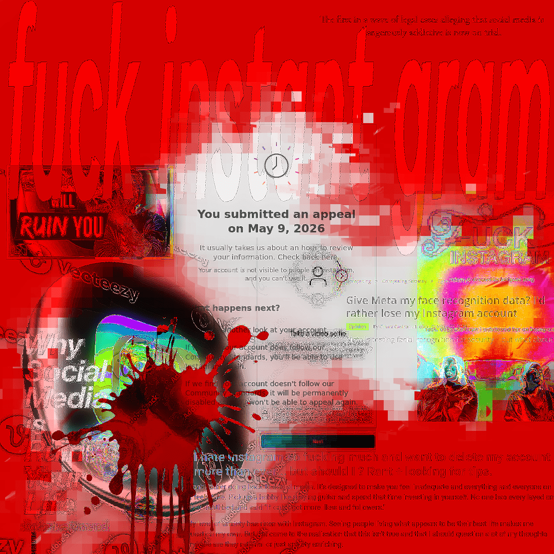 Collage artwork with a prominent bright red background. Top half reads "fuck instant gram" in stretched generic sans-serif. In the middle, on a white background, screenshot from "You submitted an appeal on May 9, 2026" Instagram page. Bottom left: Colorful Instagram logo covered in metallic blood, "Why social Media is Ruining Your Life". Above that, the logo of Vecteezy and a part of what seems to be a video thumbnail that reads "Will Ruin You". On the right, on a colorful background, "Fuck Instagram" movie poster and "Give Meta my face recognition data? I'd rather lose my Instagram account" article title