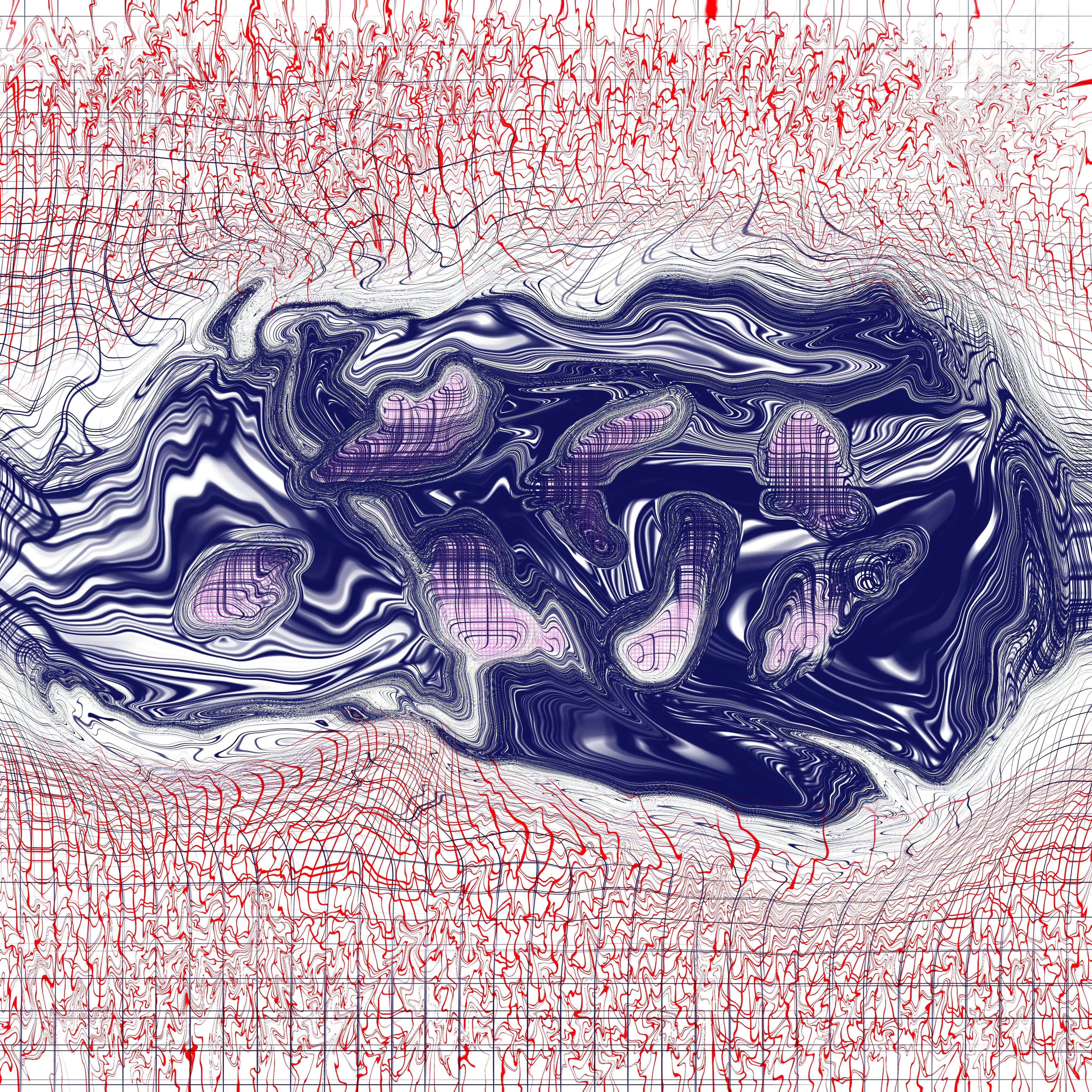 Layered distorted grids in blue and red. A central blue round shape created from ultra-distorted and layered grid where the shape of the grid has been lost compeletely, with some calmer purple blobs inside. On the edges its a finer red mesh that has also been distorted in a smaller and more chaotic way.