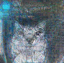 a very blue image with a digital pattern of lines in a grid sometimes going vertically, sometimes horizontally. some rainbow streaks go through the image. at the bottom there seems to be a sphynx cat (allegedly floppa bingus) silently waiting for the owner of the doorbell camera to come open up the door