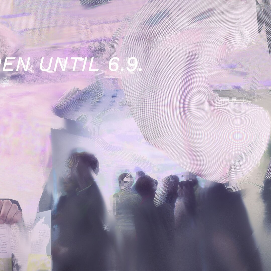 1/3 of a banner image that is a collage of pictures from my works at the exhibition in Amos Rex. Text "ONLY ONE MONTH LEFT TO GO SEE MY WORKS AT AMOS REX EXHIBITION OPEN UNTIL 6.9." on the top, in all caps. A lot of people are viewing the works, which glow in an ethereal crisp maximalistic light pink and blue. On the left, you can see the iconic Amos Rex roof made of circular panels. A gradient goes from reddish to blueish colors from left to right. On the right, a picture of the gallery guide with the page titled "xyny" open. Everything in the collage is melting together in a characteristic, digital style.
