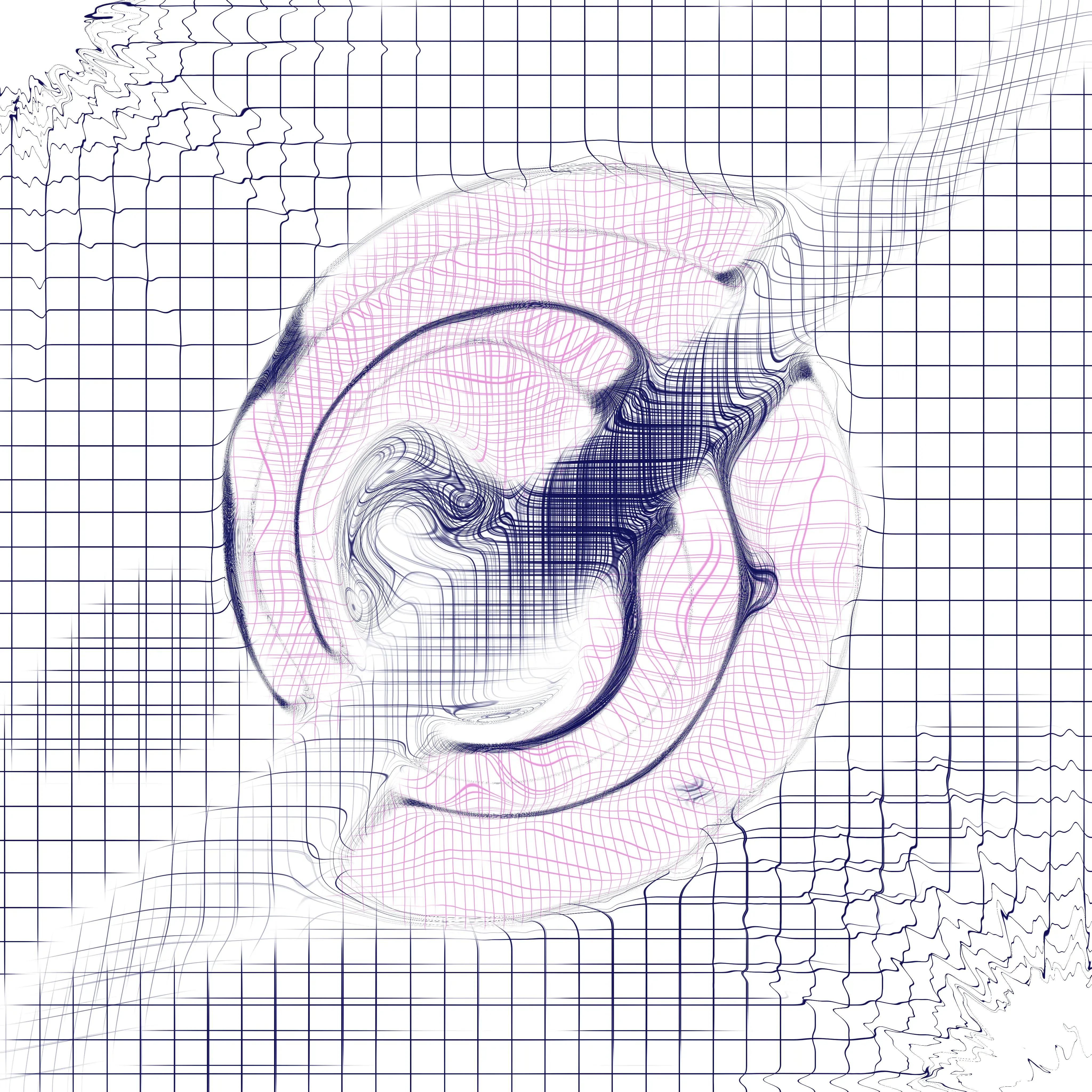 Layered distorted grids in blue and purple. A shell-like shape in the middle with edges in a thick blue mesh and insides in a pinkish purple. A line of blue grid goes over the shell-like shape diagonally left to right bottom to top, being thicker and separated from the main straightforward blue grid which has only been distorted or pushed away from the topleft and bottomright corners.