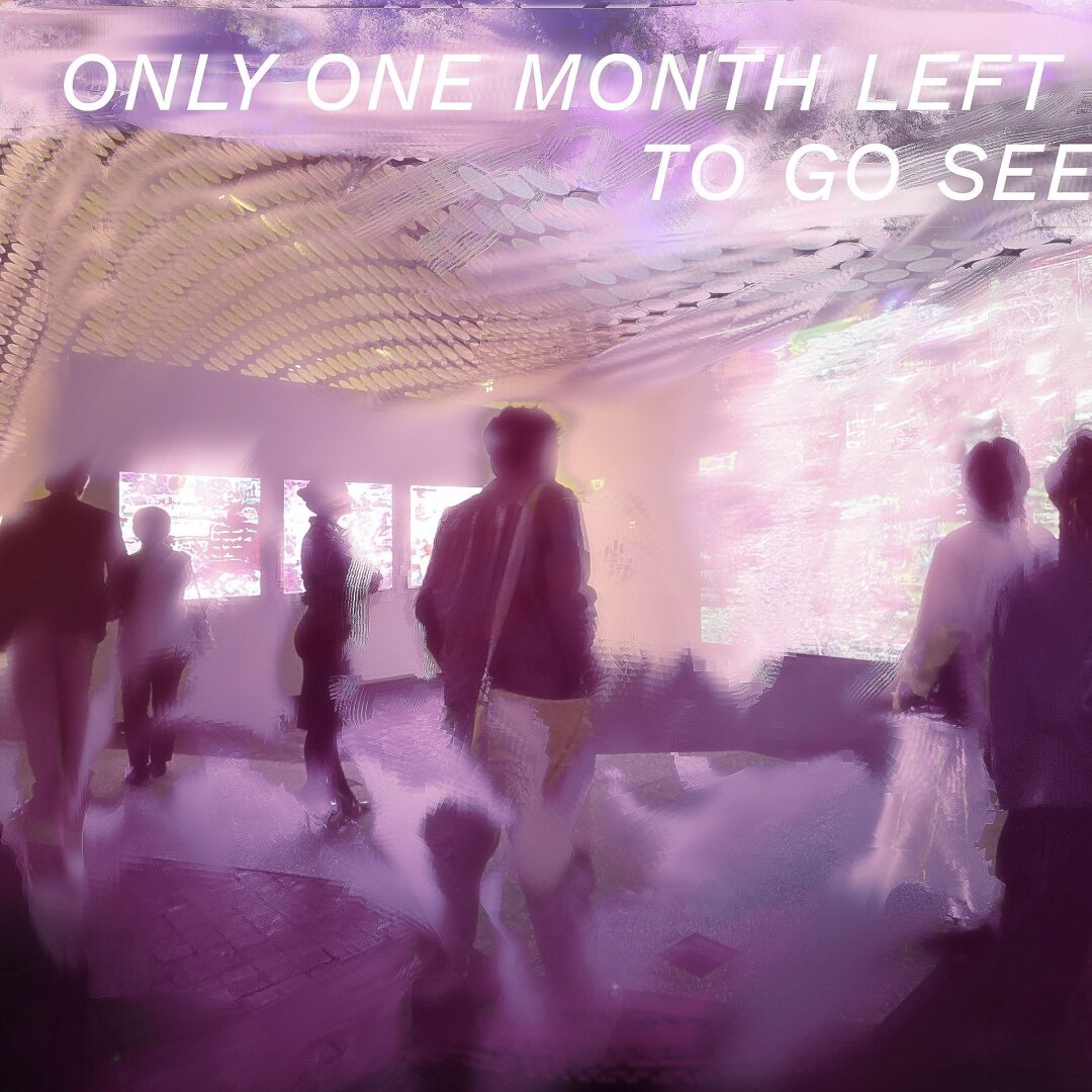 1/3 of a banner image that is a collage of pictures from my works at the exhibition in Amos Rex. Text "ONLY ONE MONTH LEFT TO GO SEE MY WORKS AT AMOS REX EXHIBITION OPEN UNTIL 6.9." on the top, in all caps. A lot of people are viewing the works, which glow in an ethereal crisp maximalistic light pink and blue. On the left, you can see the iconic Amos Rex roof made of circular panels. A gradient goes from reddish to blueish colors from left to right. On the right, a picture of the gallery guide with the page titled "xyny" open. Everything in the collage is melting together in a characteristic, digital style.