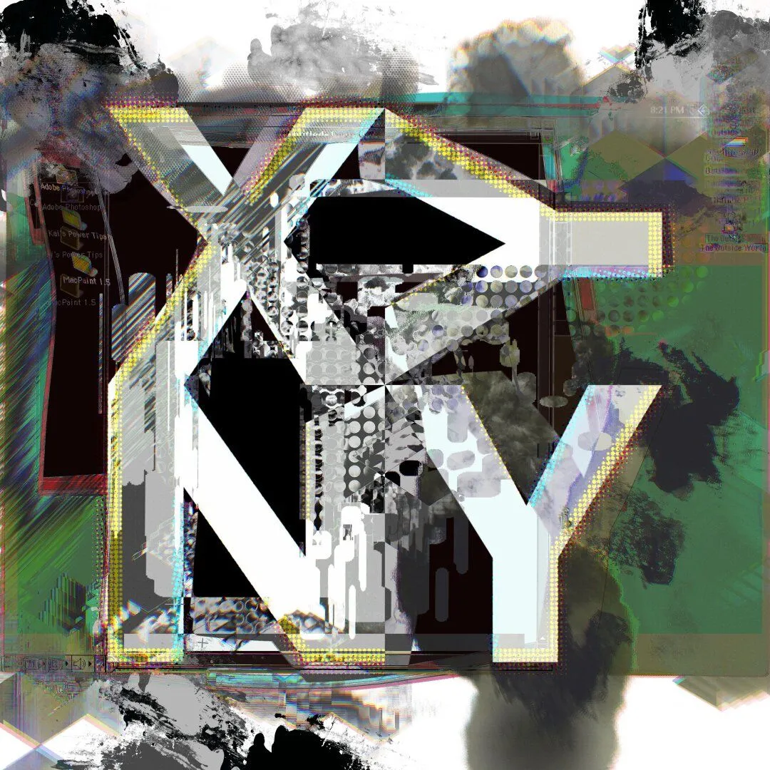 The four letters of the word XYNY aligned in a grid in the center of the image. Rich textured digital glitch art with some accents that seem like brushstrokes but are digitally distorted. Rough textures, but there's some white on the borders. Slightly visible is the base image of the whole thing, a screenshot of an old MacOS system running MacPaint. On the left side some folders for MacPaint and PhotoShop. The most of the righthand side and other parts are a greenish hue, but the XYNY letters have yellow and cyan halftoned accents, and parts of the MacOS system show up in black.