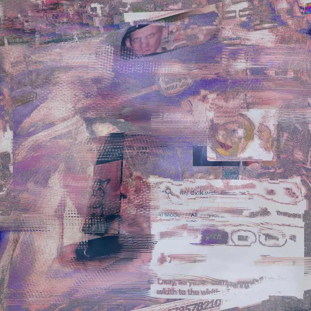 A highly-textured collage with purplish blue, warm red, and golden tones. The image seems to contain multiple memetic images, for example, what seems to be a bald man staring at a cat picture in the rearview mirror of a car sitting on the driver's seat, and emoji character gesturing at someone being googoo-gaagaa by spinning their finger and eyes, and a screenshot from google search where someone seems to be searching something about "my dick" and getting an AI Mode overview. All of that is blended and tied together using different patterns, unified colors, blends and sharpenings.